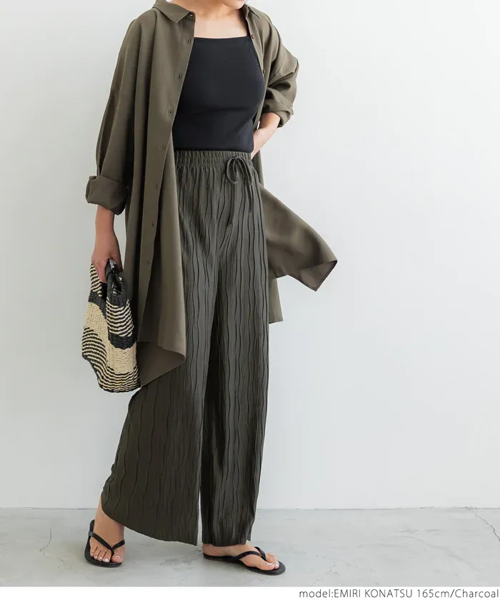 日本 COCA - [可剪裁] 百搭波浪紋垂墜寬褲-深灰