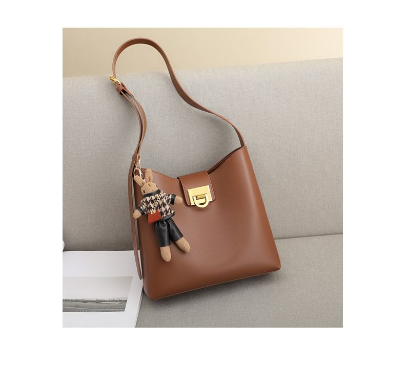 真皮時尚水桶包/單肩斜背包-棕色 (27.5x22.5x10.5cm)