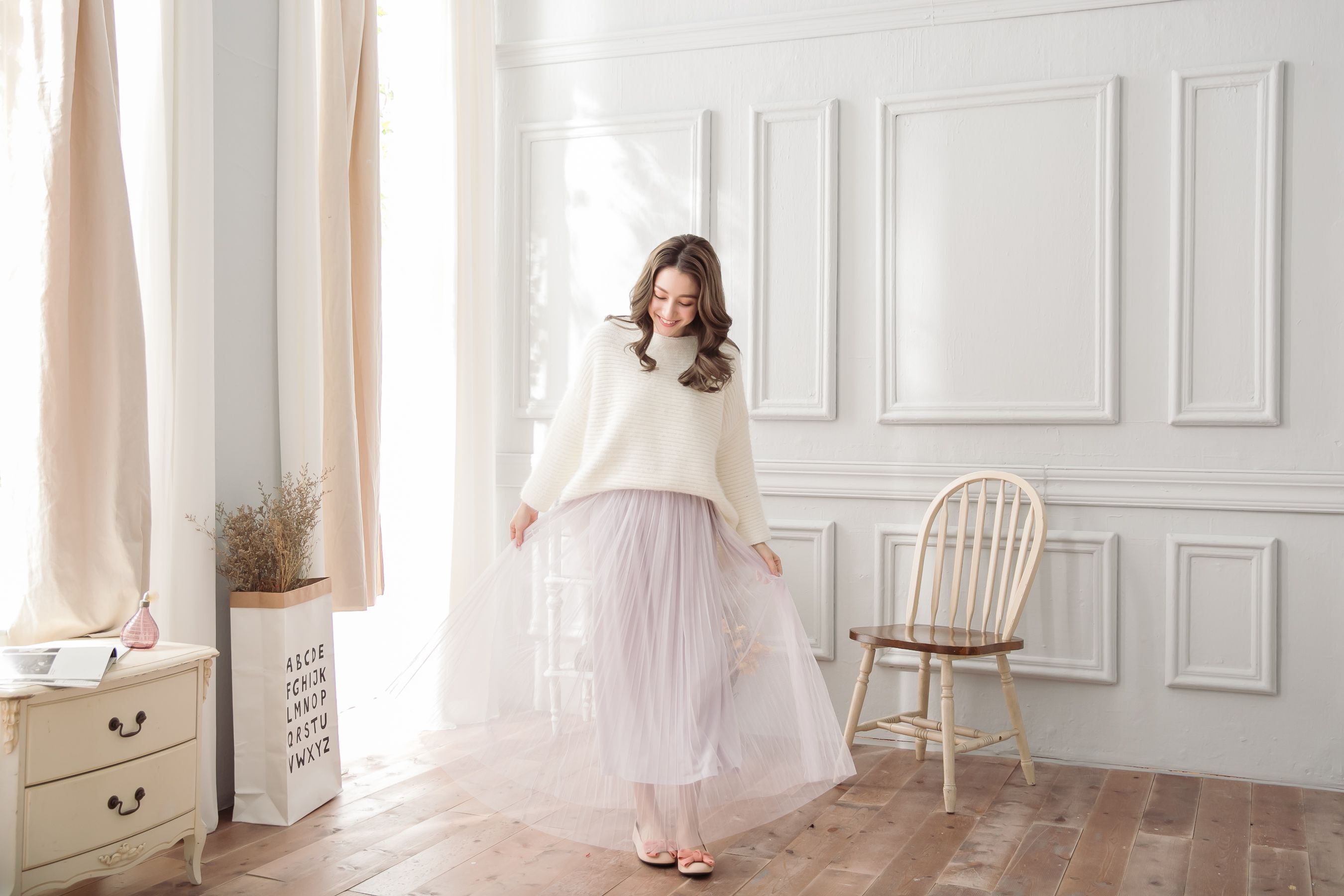 Peachy - 獨家訂製綿柔優雅綁帶百褶紗裙-綁帶百褶版-淺芋灰 (F)