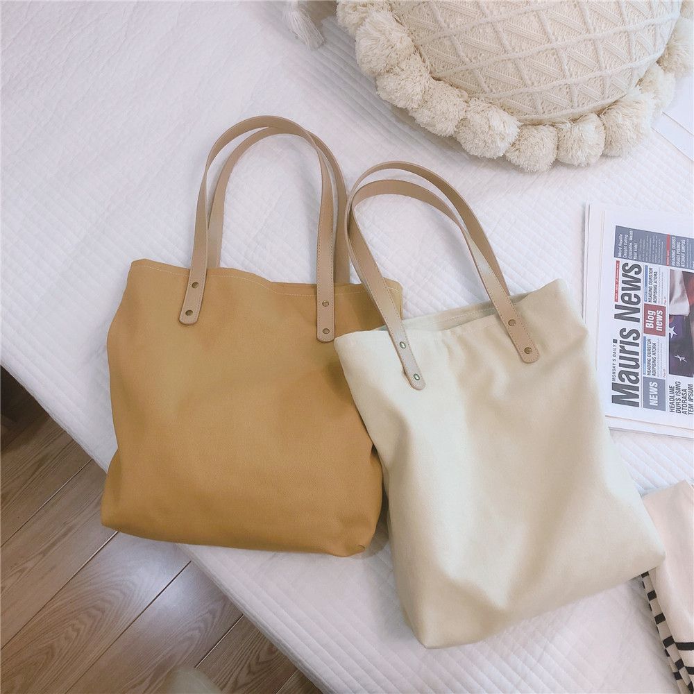 純色帆布單肩包/托特包-杏色 (33x35x7cm)