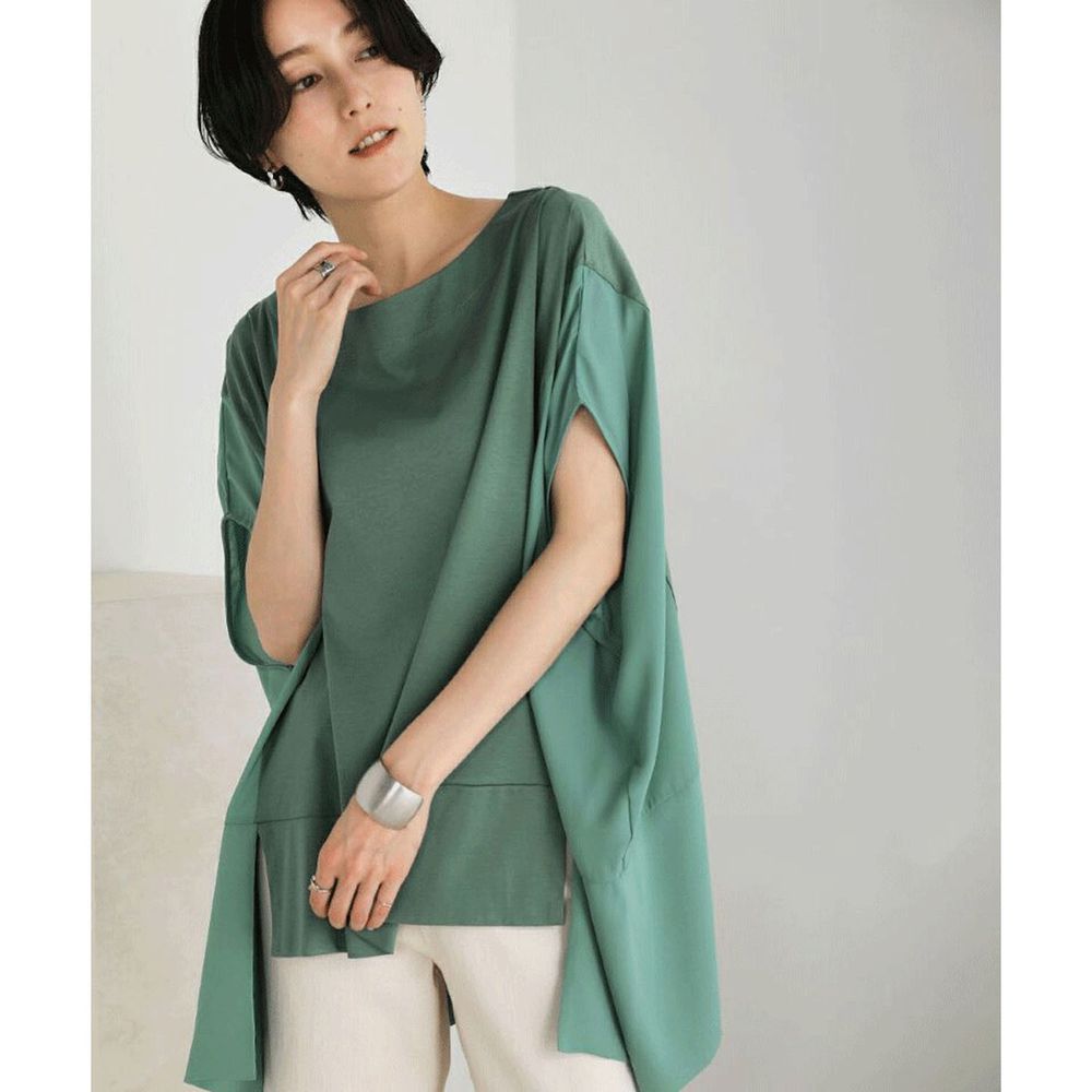 日本 Bou Jeloud - 棉X光澤感異材質不規則短袖上衣-綠