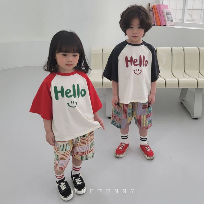 韓國 The Funny - Hello微笑印短袖上衣-米白X紅