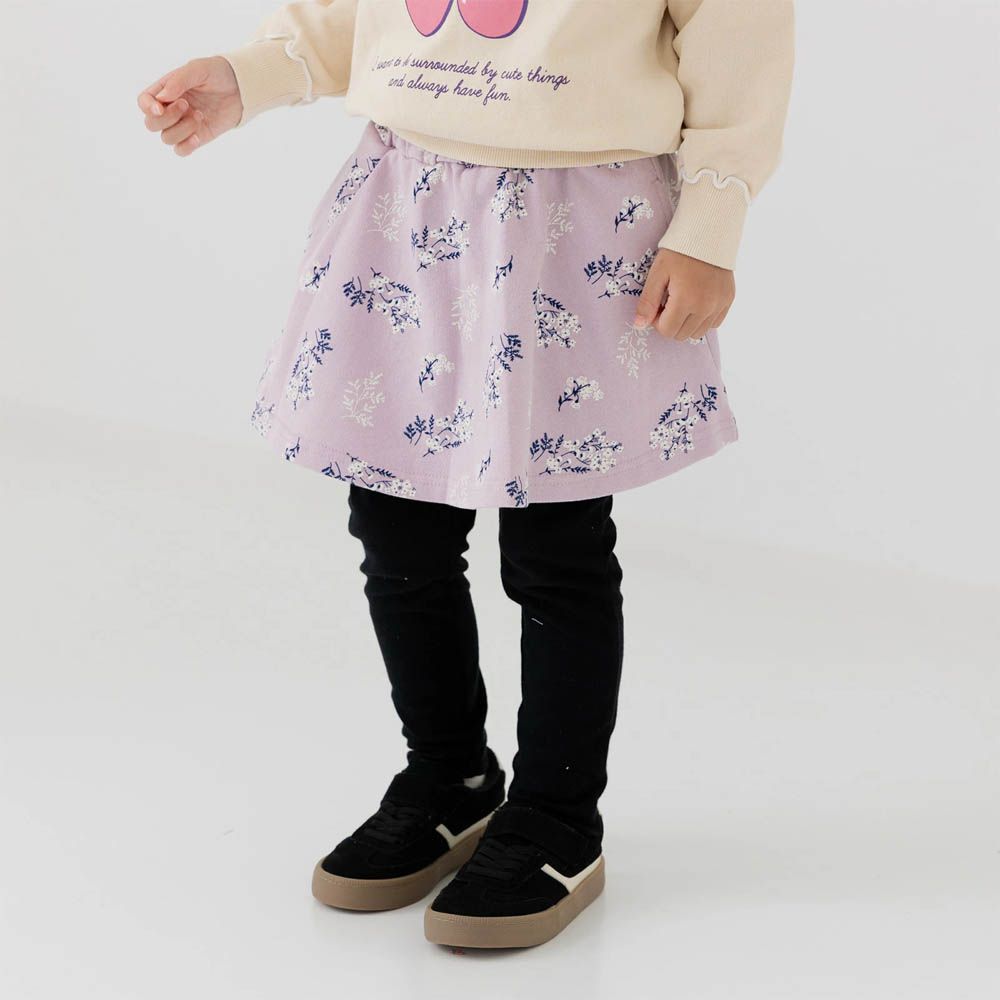 舒適彈性印花褲裙-花朵-粉紫