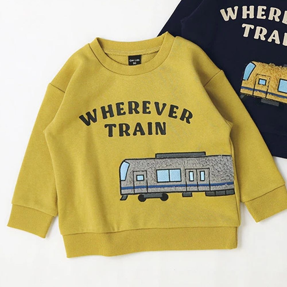 立體刺繡貼布長袖上衣-火車-黃