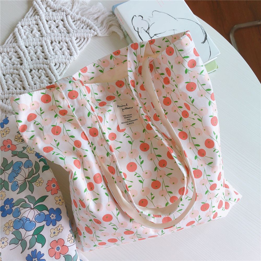 清新單肩手提帆布袋-彩色花果 (37*35cm)