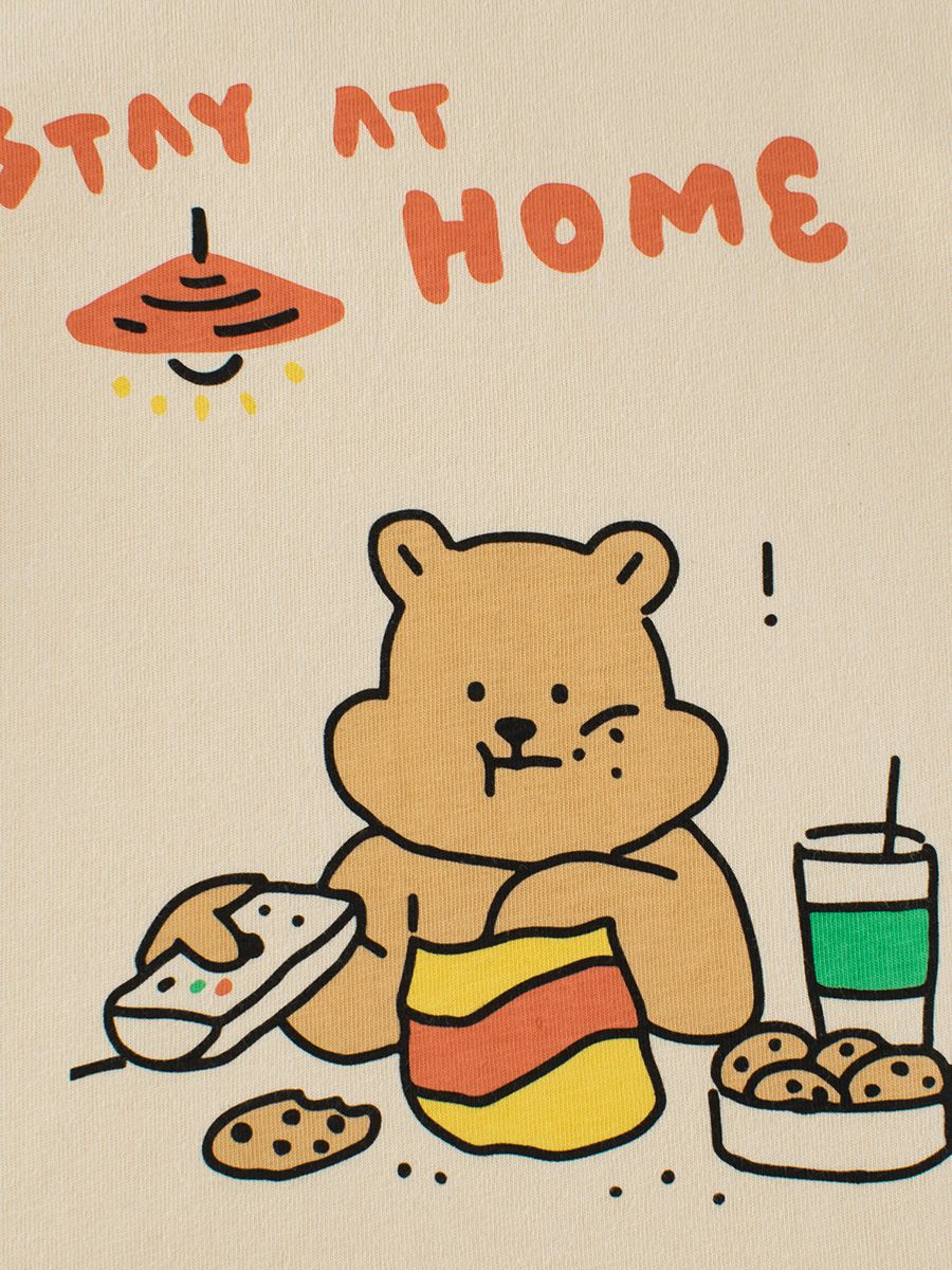 純棉圓領薄長袖上衣-熊熊宅在家-杏色