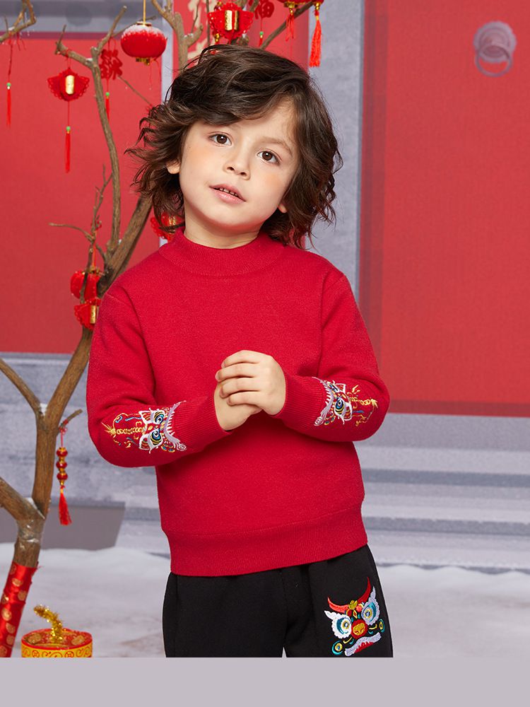 (加絨)喜氣拜年圓領長袖上衣-刺繡彩獅-紅色