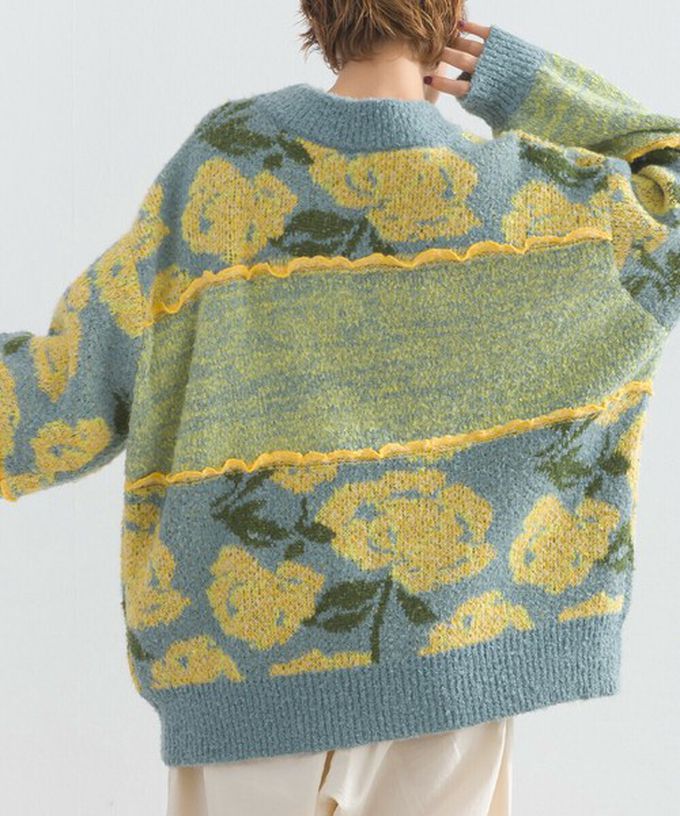 日本 Lupilien - 毛茸感華麗大花朵針織上衣-炭灰x黃