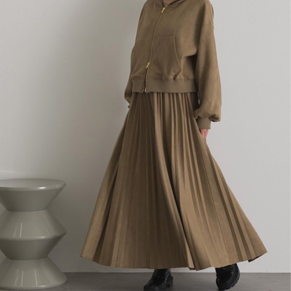 俐落低調麂皮百褶長裙-卡其棕
