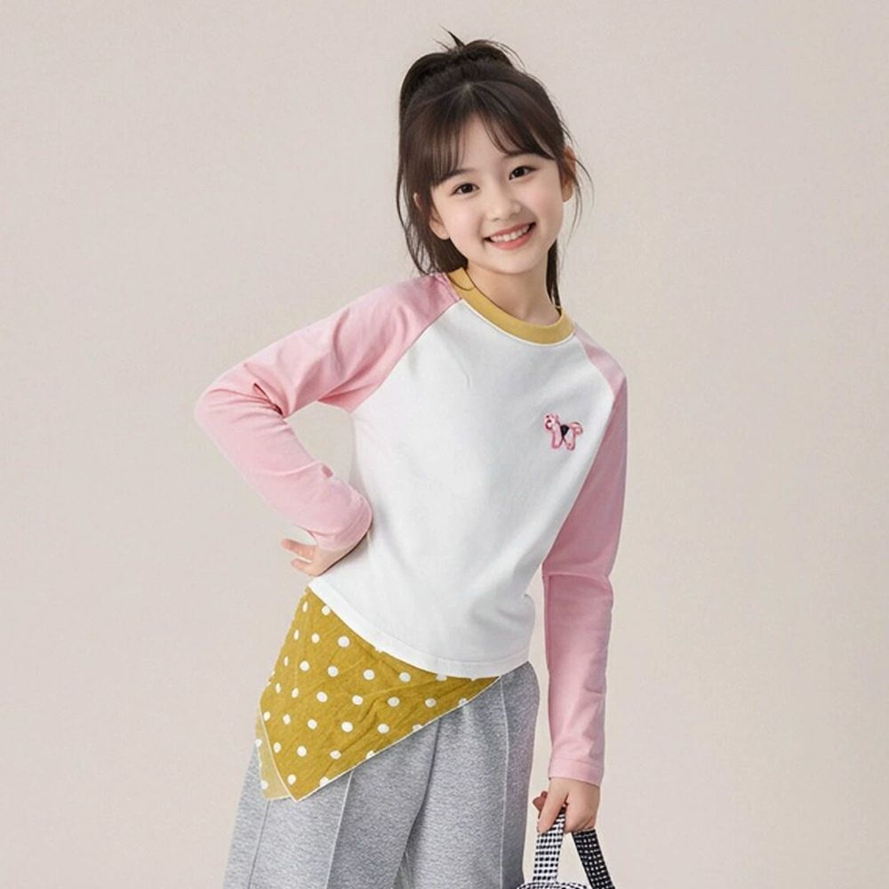 簡約拼色長袖上衣-刺繡小馬-白色