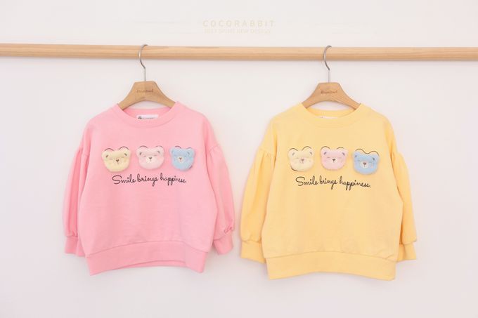 韓國 Coco rabbit - 三隻毛絨熊點綴圓領長袖上衣-黃