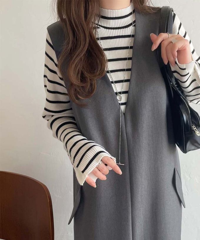 日本 Classical Elf - 簡約深V領氣質線條背心裙-卡其