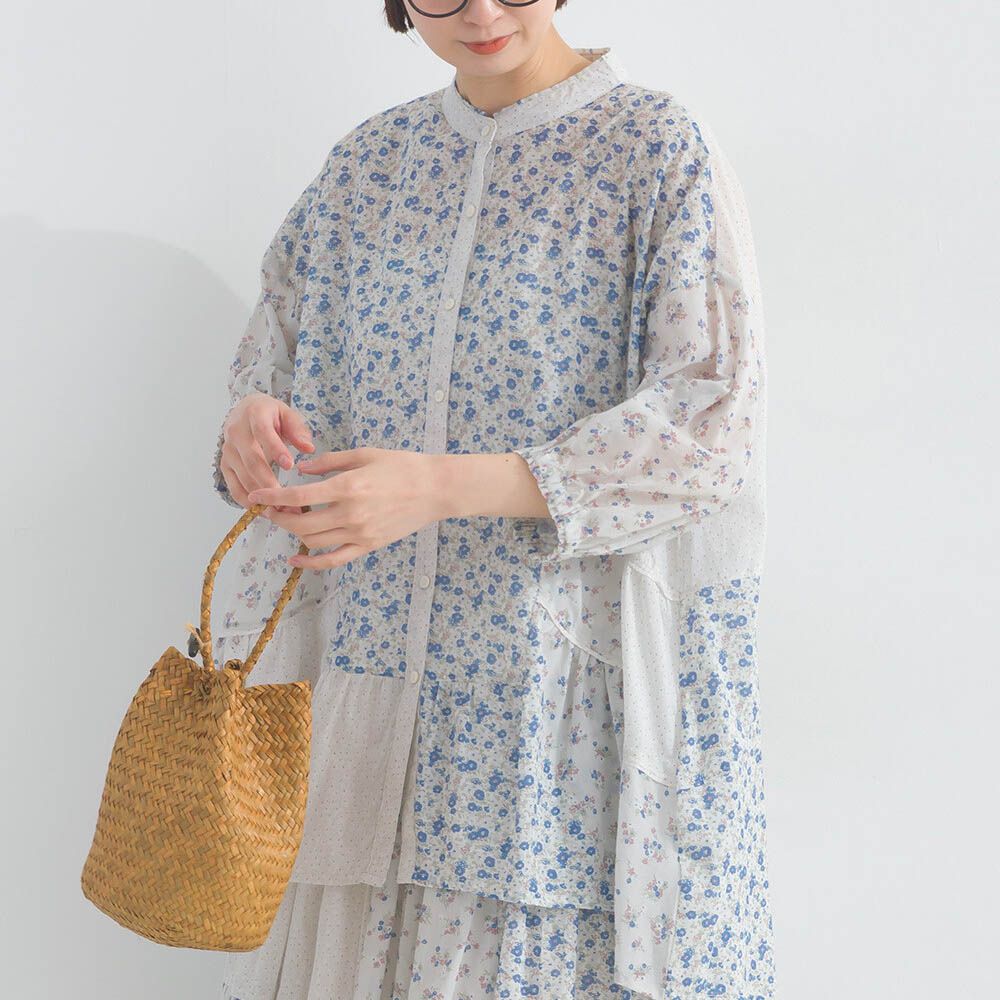 純棉巴里紗花朵拼布襯衫式上衣-白