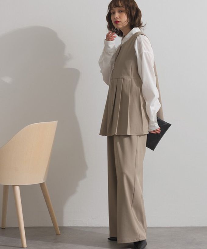 日本 ELENCARE DUE - 正式感斜紋布優雅百褶背心-灰