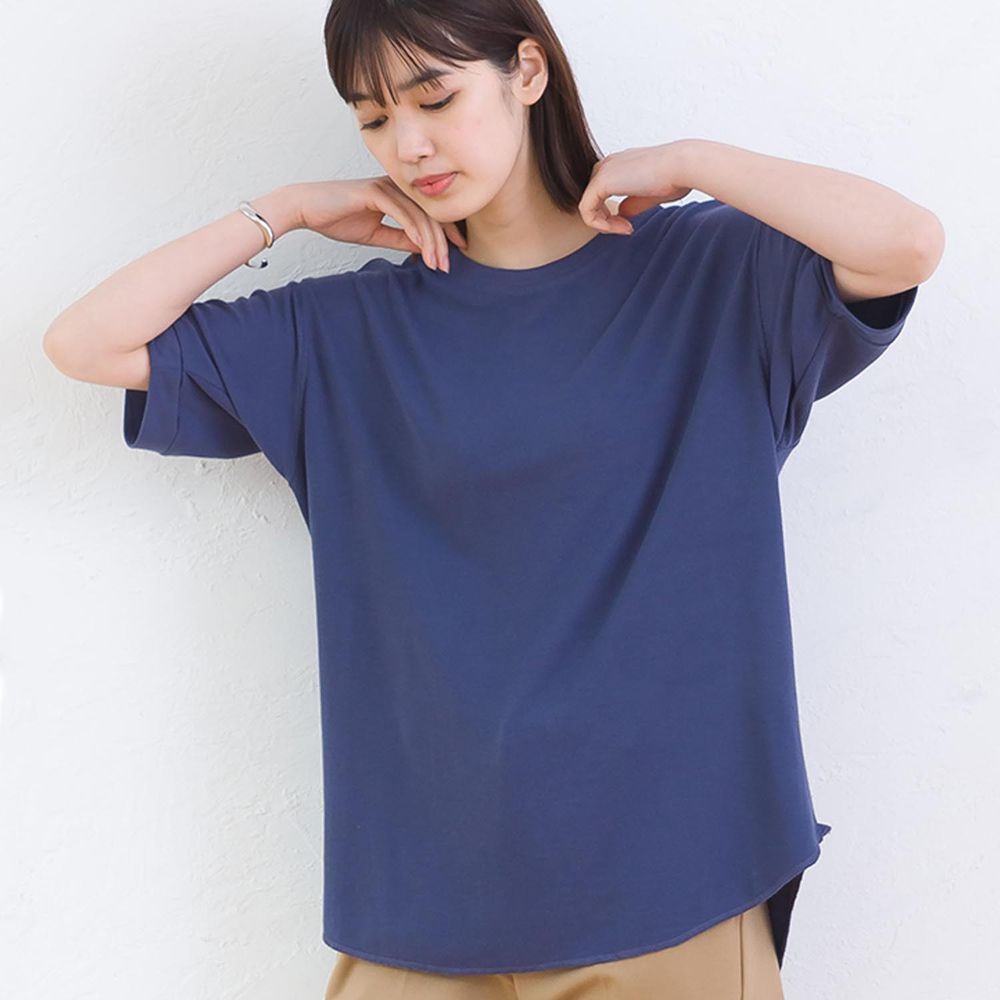 日本 OMNES - 舒適鬆餅紋落肩短袖上衣-深藍