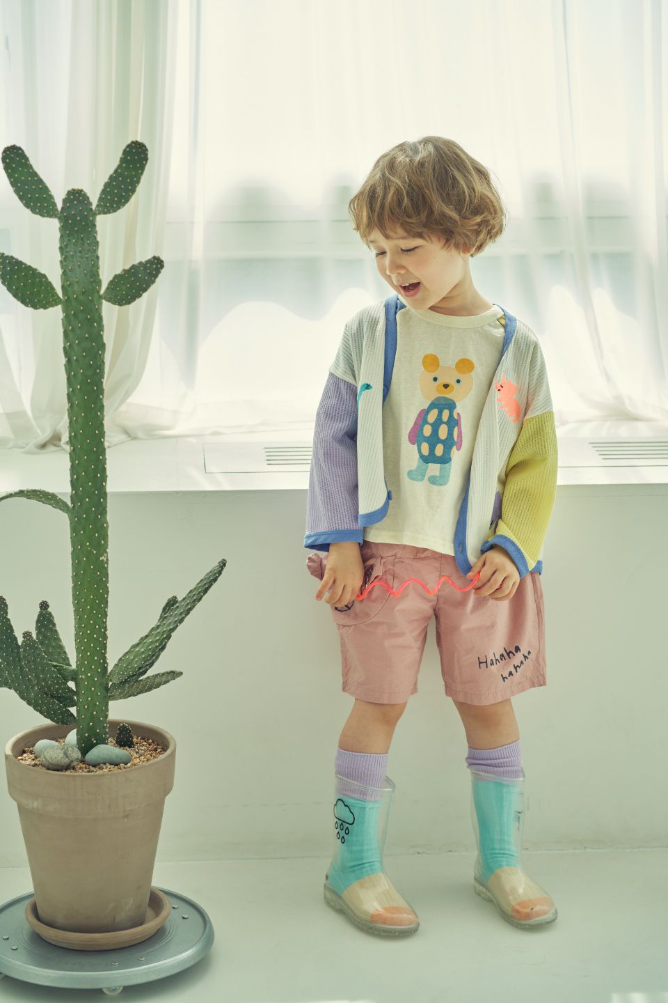 韓國 Mimico - 熊熊拉鍊口袋寬版褲-粉紅