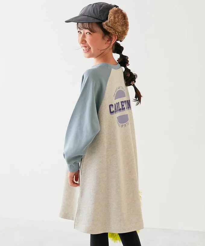 日本 devirock - 100%棉 撞色印花長袖洋裝-燕麥X粉紅