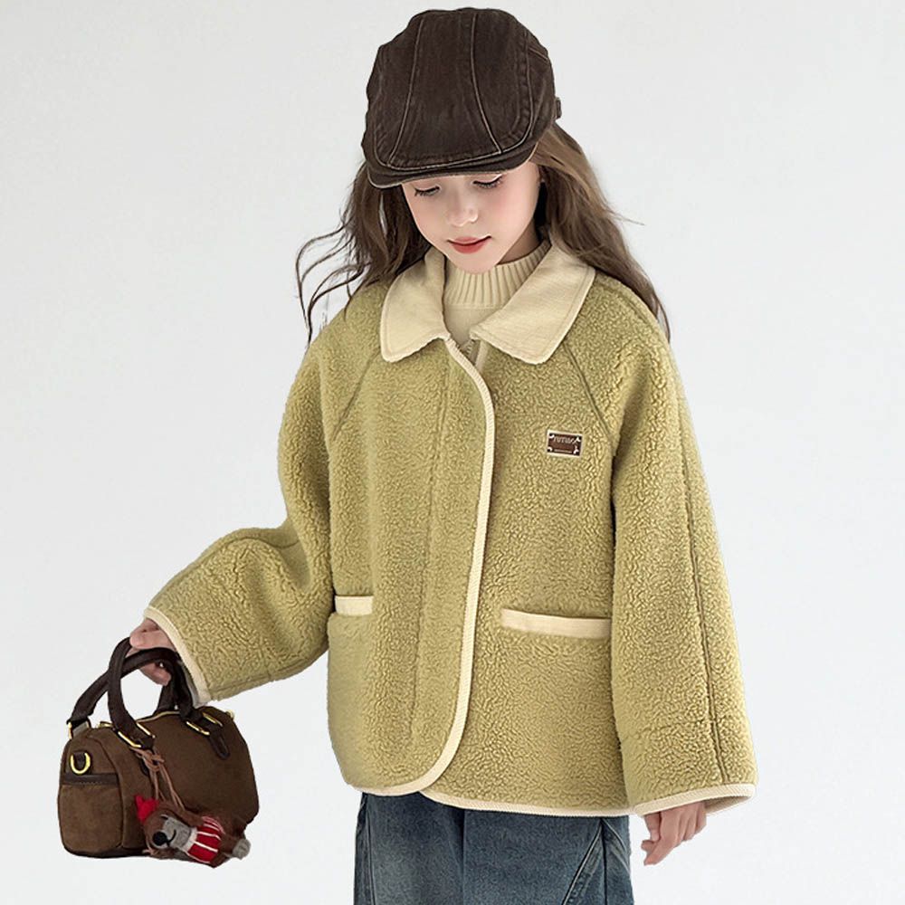 羊羔絨感拼色翻領外套-綠色