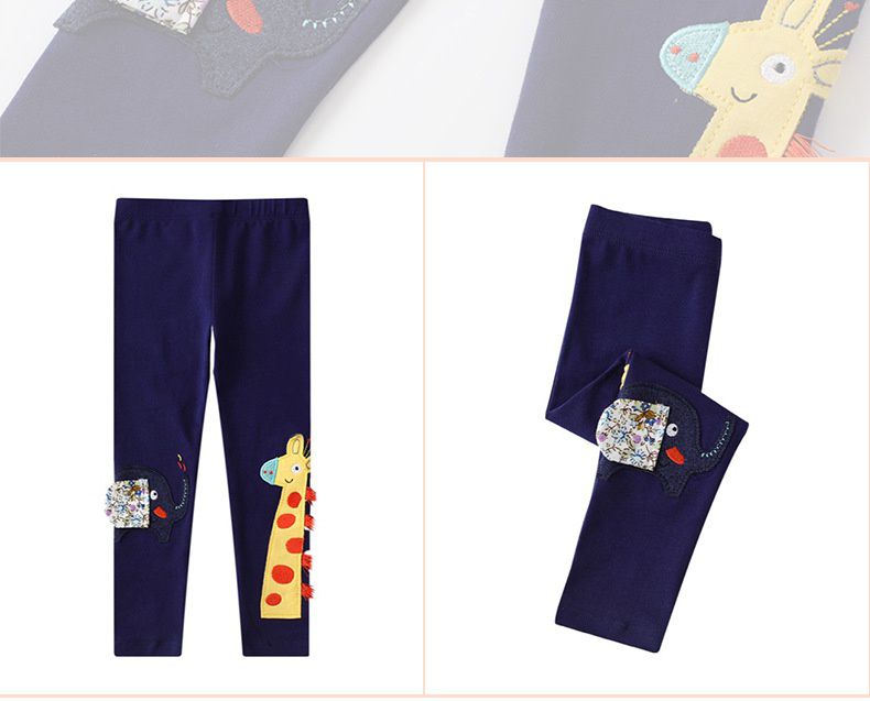 Jumping meters - 可愛刺繡立體腰鬆緊內搭褲-大象與長頸鹿-深藍色