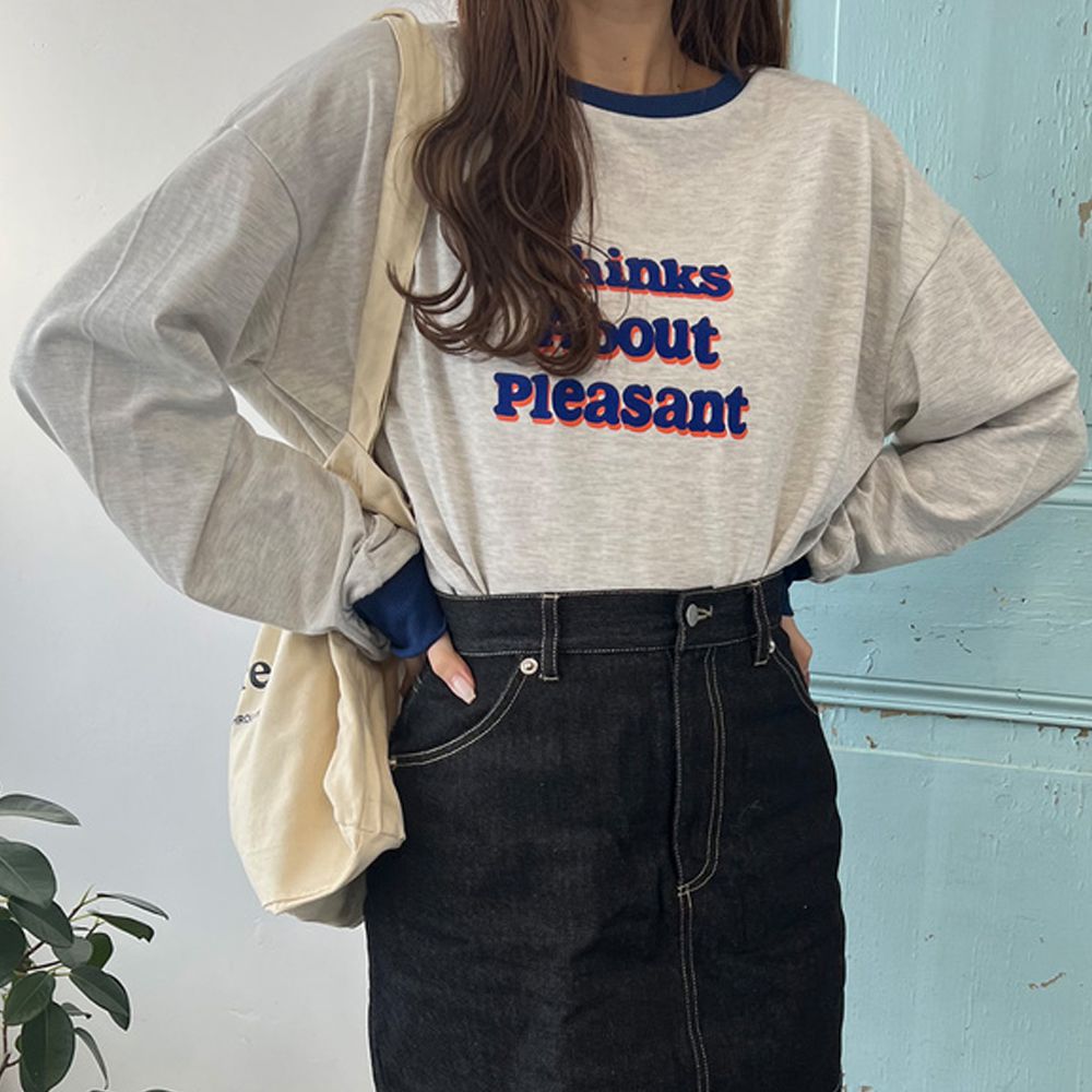 美式休閒logo撞色長袖上衣-燕麥灰 (F)