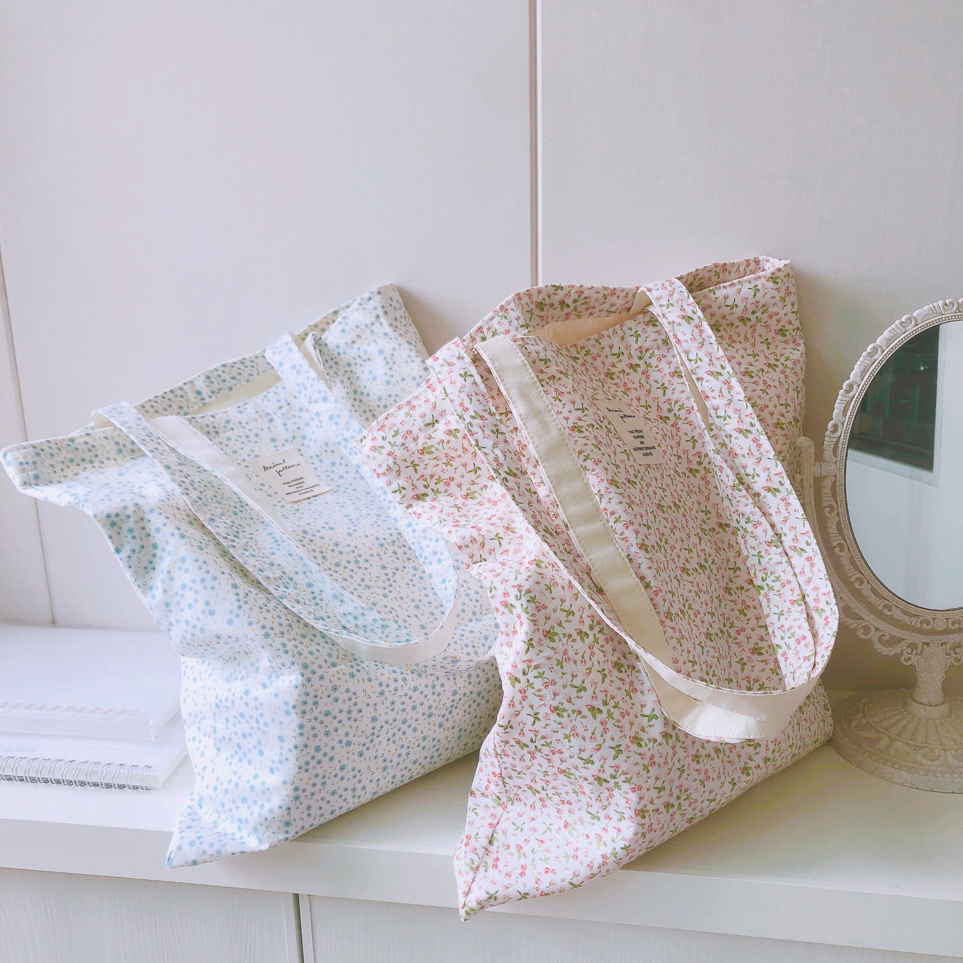 碎花單肩手提帆布袋-藍色碎花 (37*35cm)