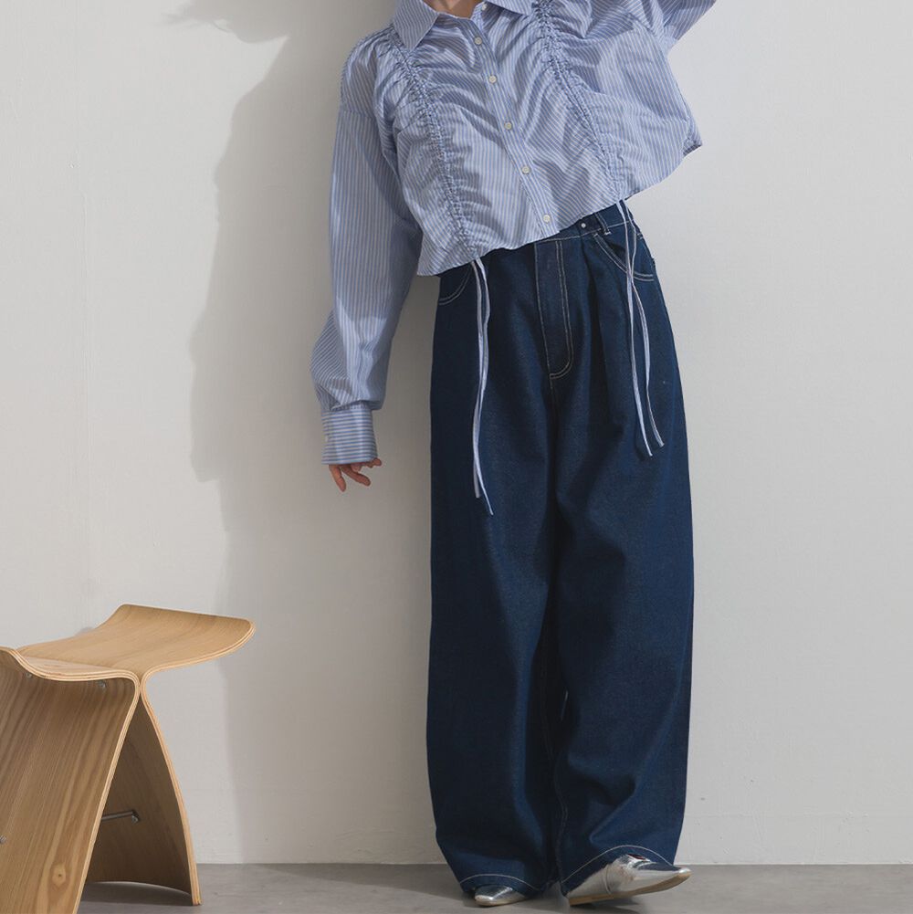 10oz 立體摺線後腰鬆緊牛仔褲-海軍藍