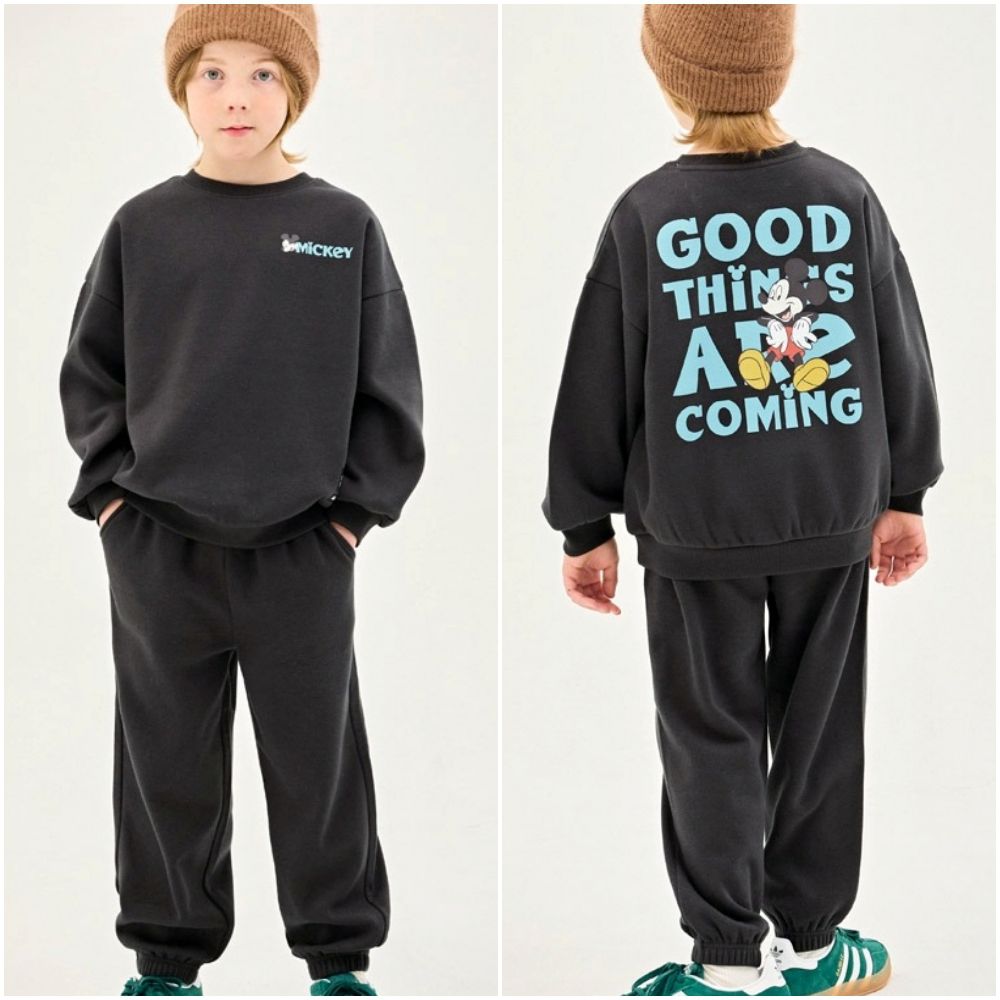 (聯名款)卡通人物米奇內刷毛長袖套裝-黑灰