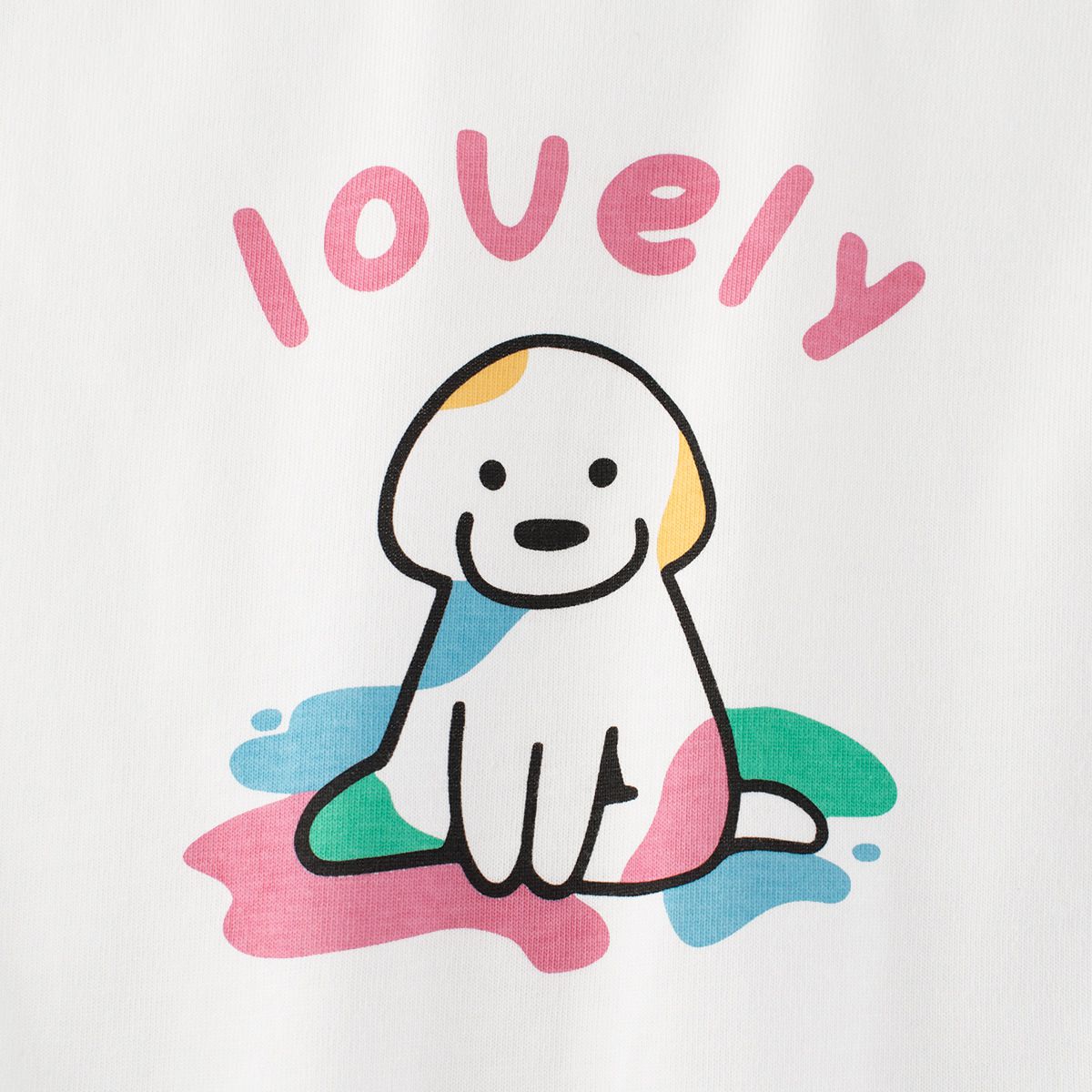 純棉圓領薄長袖上衣-彩繪狗狗-米白+粉