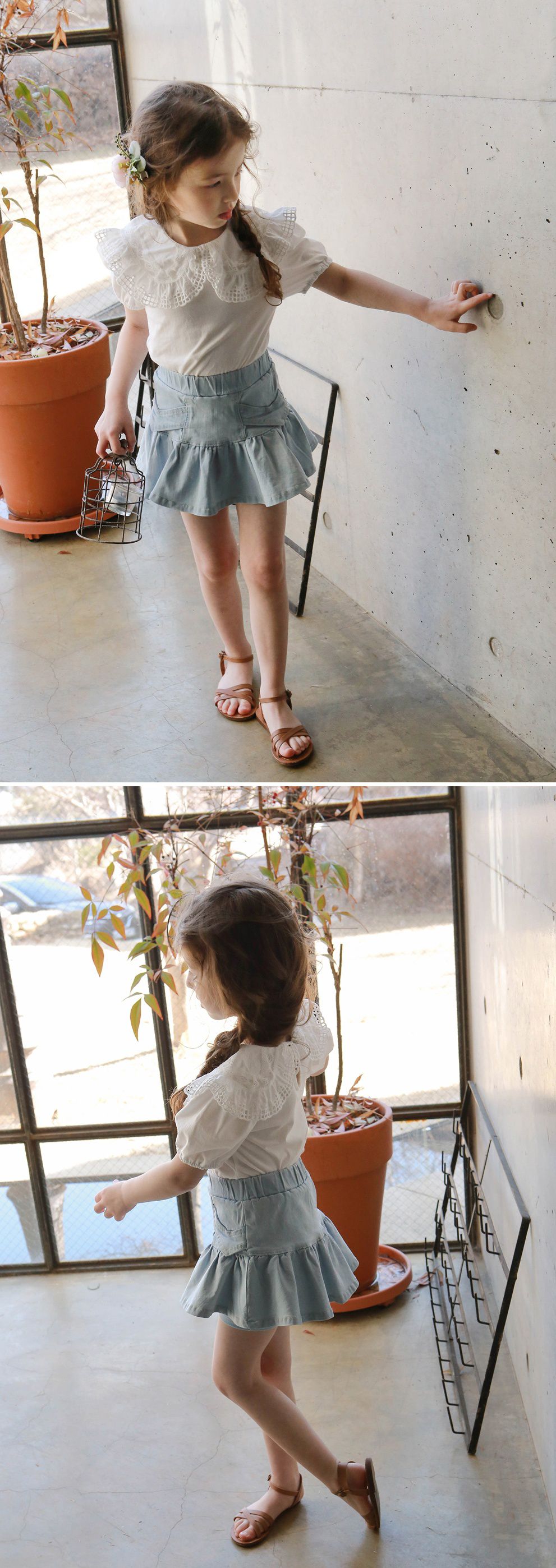 韓國 PuellaFLO - 荷葉裙襬牛仔褲裙-淺藍