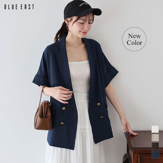 日本 BLUE EAST - 亞麻感氣質金釦短袖西裝外套-卡其杏