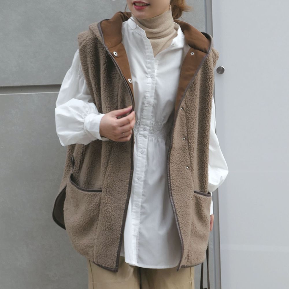 日本 Riche Glamour - 泰迪熊弧形衣襬連帽背心外套-杏褐