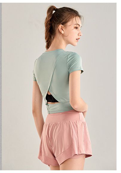 短版緊身透氣短袖運動上衣-粉色