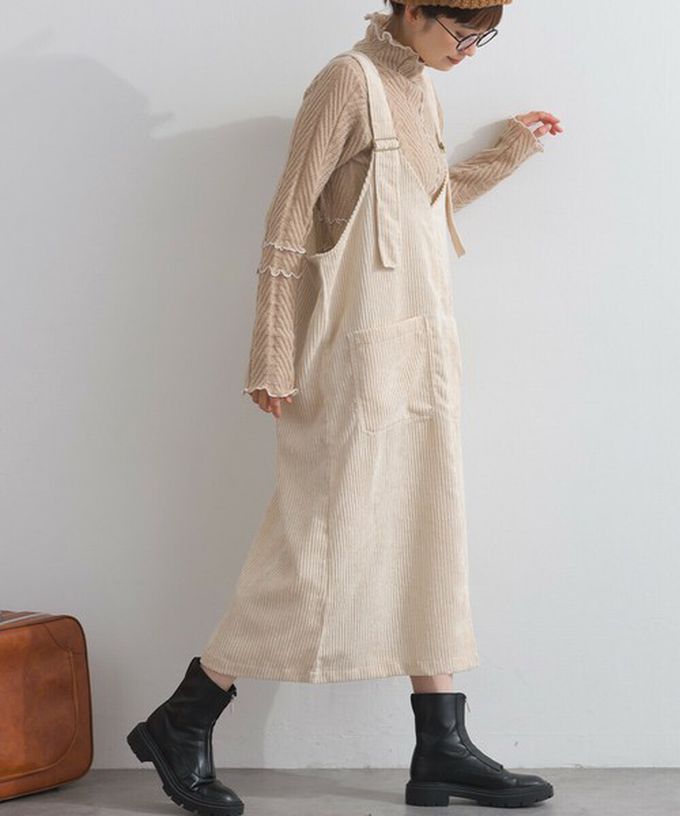 日本 Lupilien - 可愛厚實燈芯絨開叉吊帶裙-藍