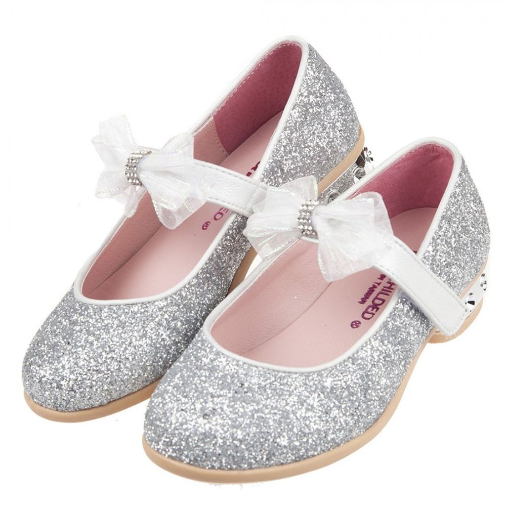 台灣製造 - 小花童系列皇家銀色蕾絲蝴蝶結公主鞋