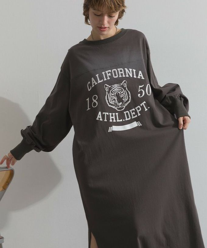 日本 Lupilien - 帥氣老虎印花側開叉長袖洋裝-濃綠