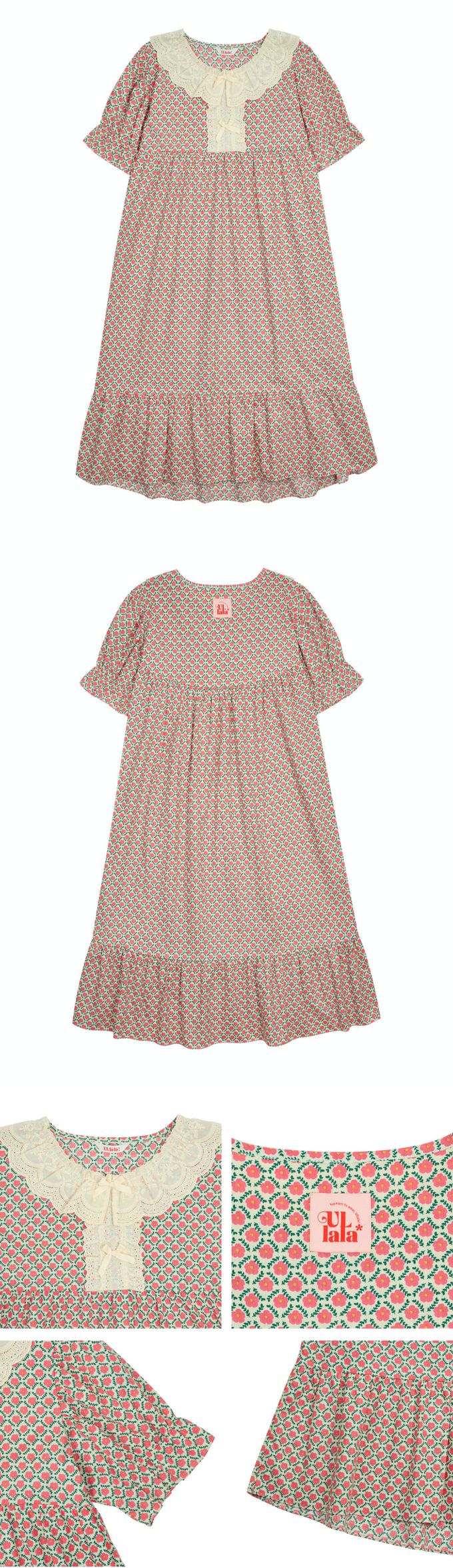 韓國 ULLALA - 花印領口蕾絲拼接短袖睡裙-粉紅花 (FREE)