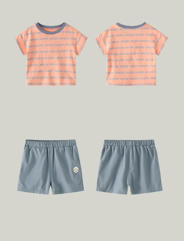 百搭休閒短袖套裝-英文字母-粉+藍