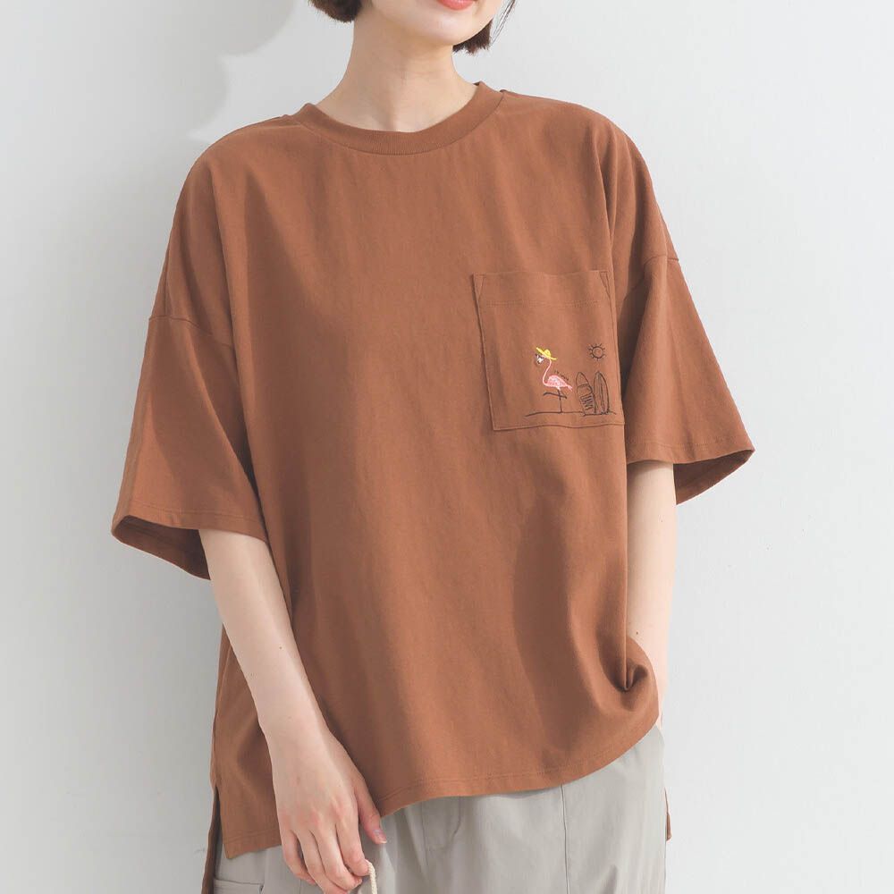 16支天竺棉俏皮動物刺繡寬大口袋T恤-咖啡