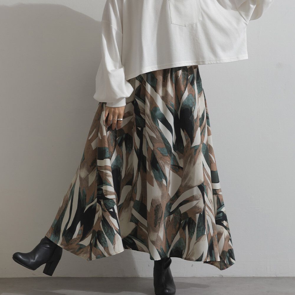 油畫線條感印花飄逸長裙(附口袋)-綠棕系