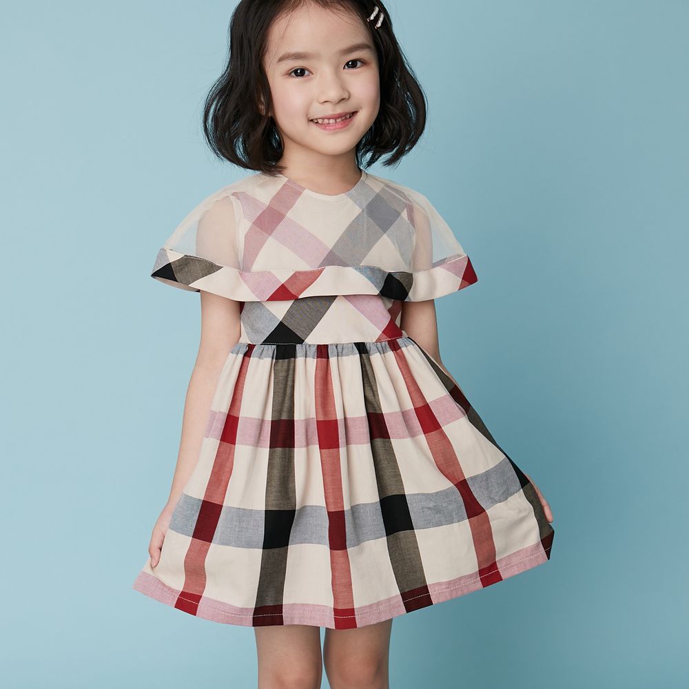 韓國 Coco Bang - 透膚披肩英倫格紋洋裝