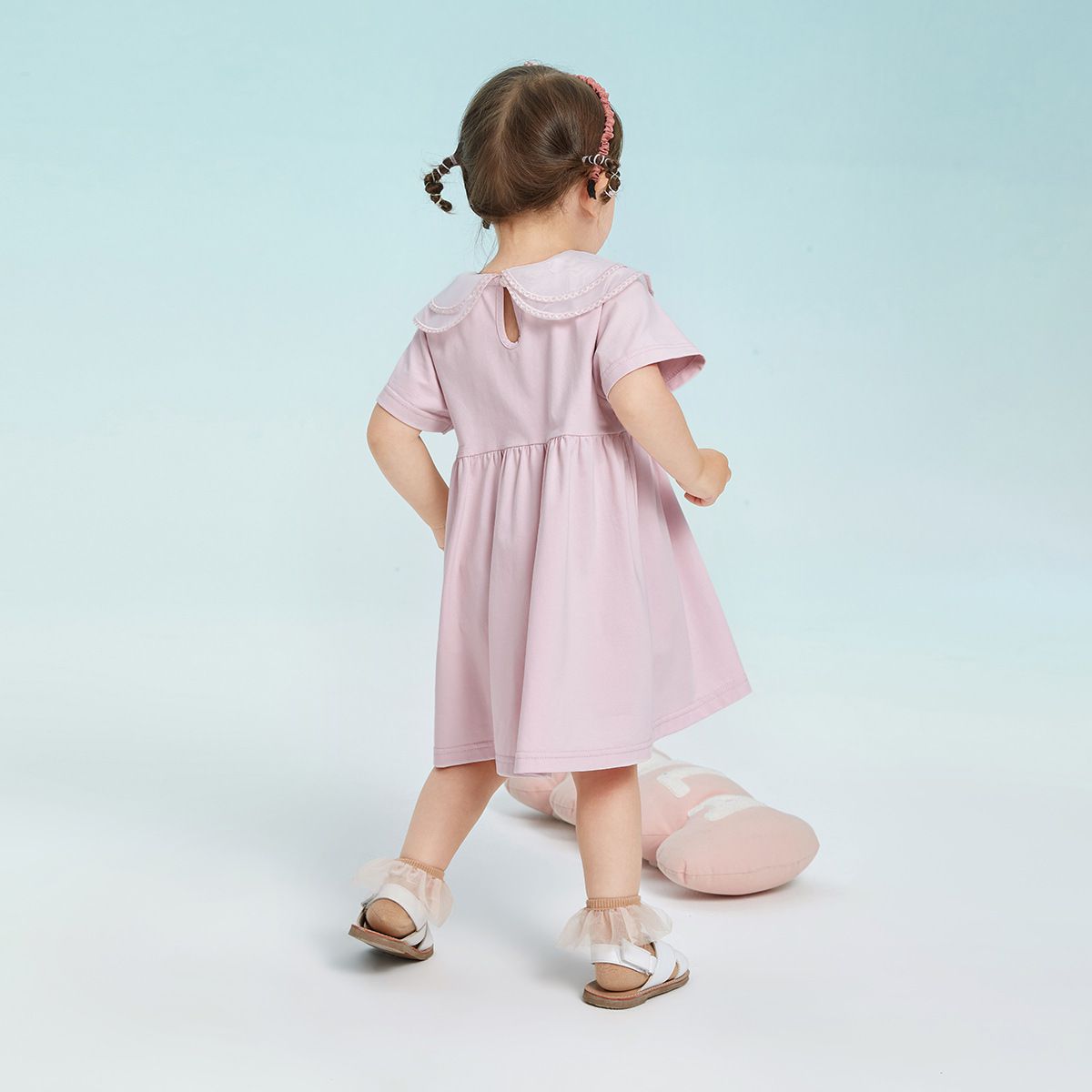 娃娃領公主袖連身洋裝-立體花朵-粉色