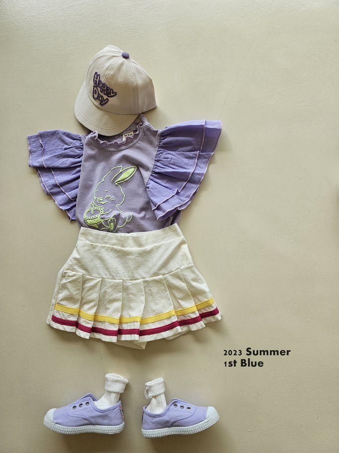 韓國 First Blue - 層次蝴蝶袖花領上衣-蛋糕兔兔-白