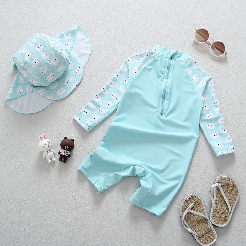 女寶長袖連身泳裝(附帽子)-兔子-淺藍色