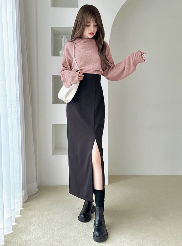 日本 GRL - 定番百搭美腿開衩長裙-簡約黑