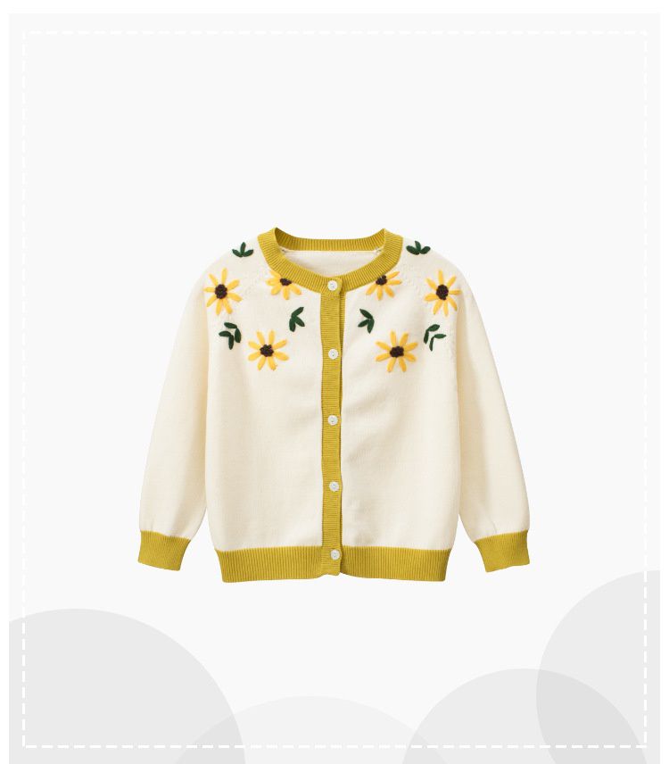 純棉針織長袖外套-刺繡小花-米白+黃