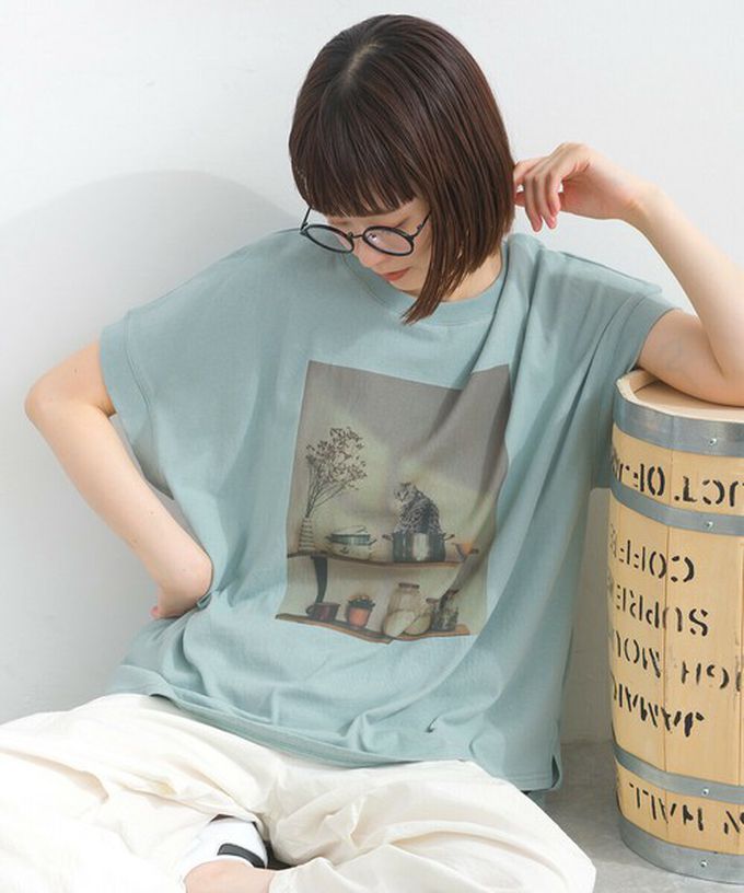 日本 Lupilien - 16支天竺棉 療癒印花法式袖上衣-貓咪的房間-淺棕