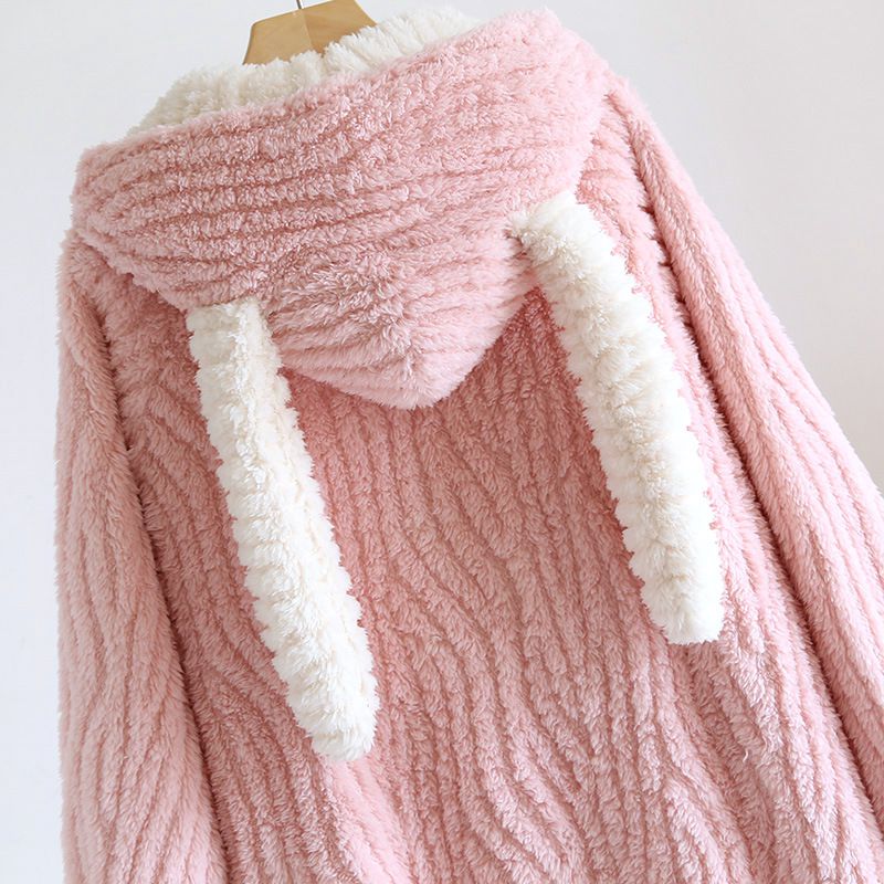 法蘭絨造型暖暖連身睡袍-兔子耳朵-米白色