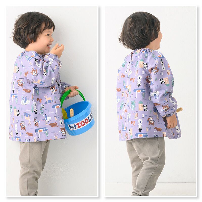 日本 ZOOLAND - 長袖畫畫衣/遊戲服/玩沙衣-動物好朋友-灰紫