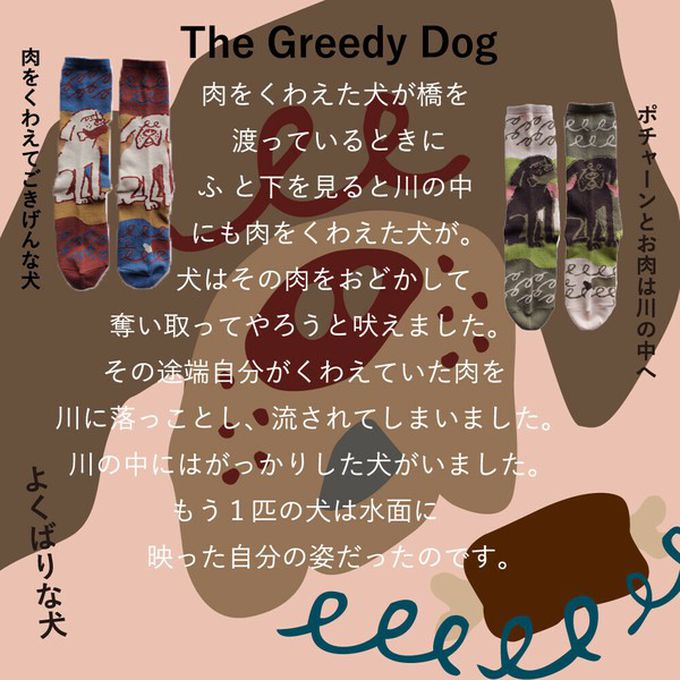 日本女裝代購 - 日本製 伊索寓言印花長襪-貪心的狗-灰x綠 (23-25cm)