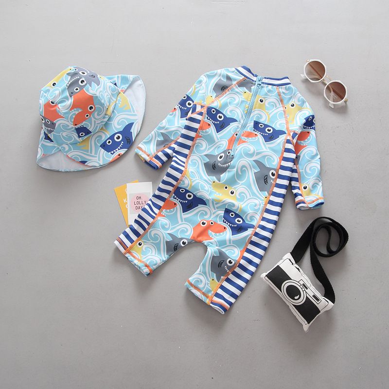 男寶長袖連身泳裝(附帽子)-快樂鯊魚-深藍+白+淺藍